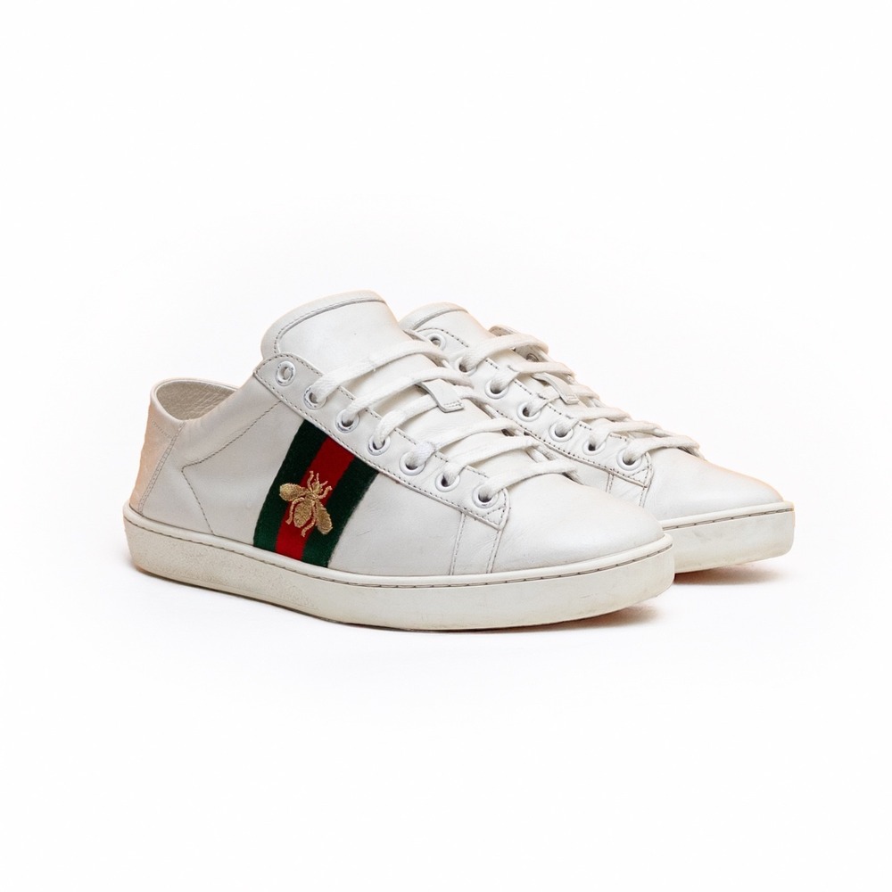 Gucci White Leather Low-Top Sneakers with Green and Red Web and Gold Bee - Picture 1 of 15